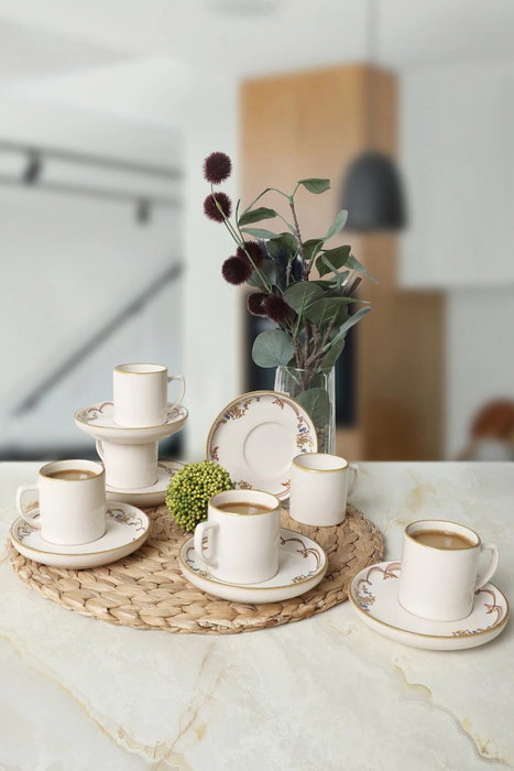 Hermia Juego de tazas de café y platos de cerámica, 12 piezas, Crema y Marrón